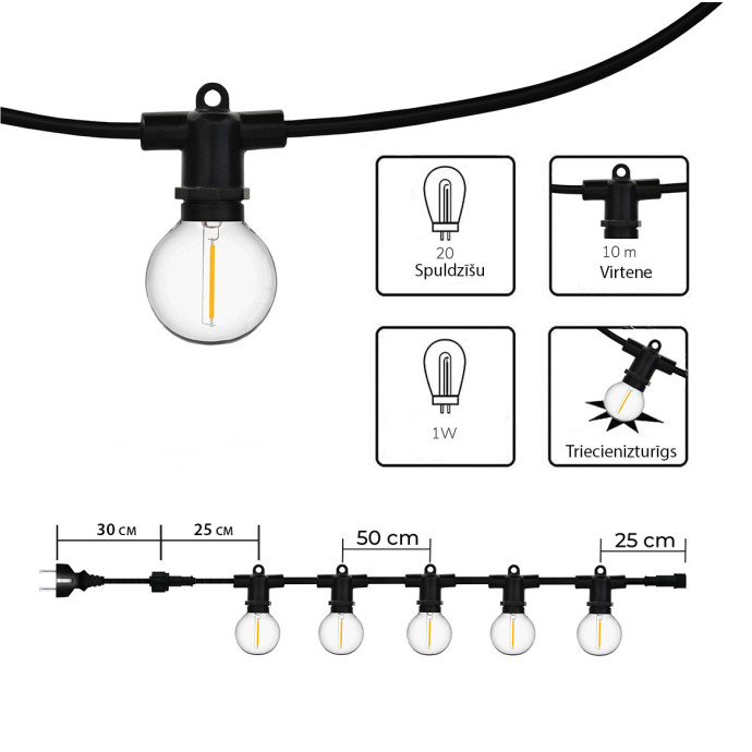 Āra virtene (LED lampiņas) 30 m Perl melnā krāsā