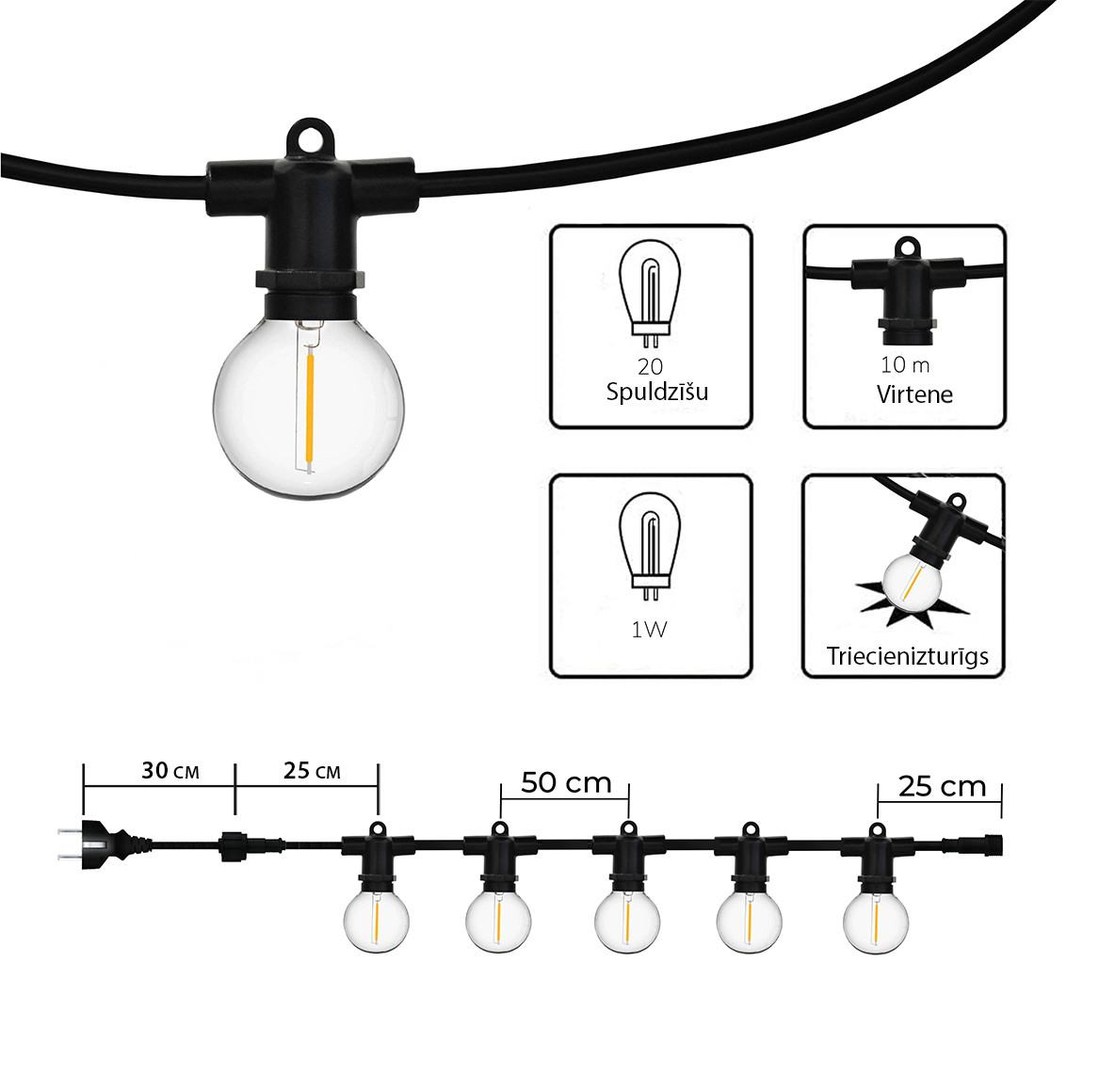 Āra virtene (LED lampiņas) 150 m Perl melnā krāsā