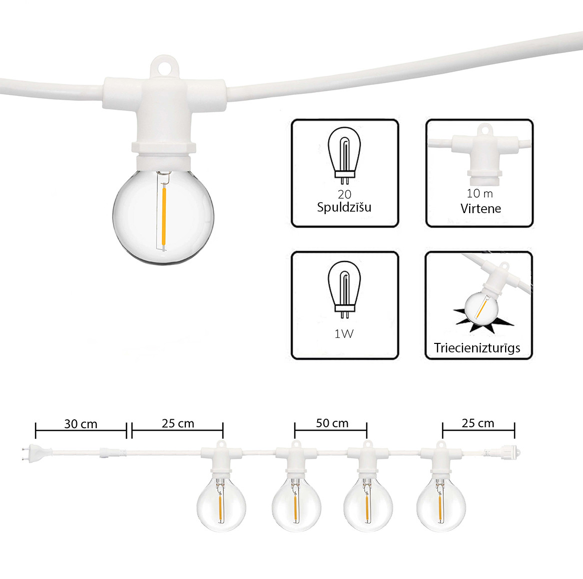 Āra virtene (LED lampiņas) 20 m Perl baltā krāsā