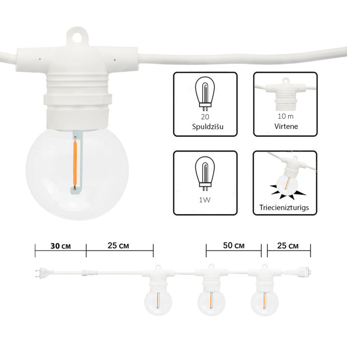 Āra virtene (LED lampiņas) 30 m Glow balta krāsa