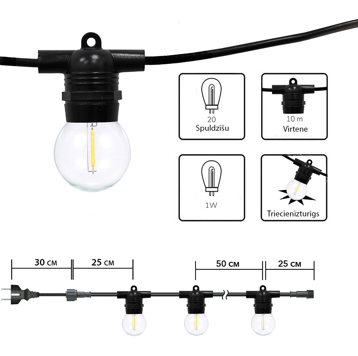 Āra virtene (LED lampiņas) 20 m Glow melna krāsa