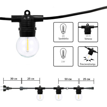 Āra virtene (LED lampiņas) 30 m Glow melna krāsa