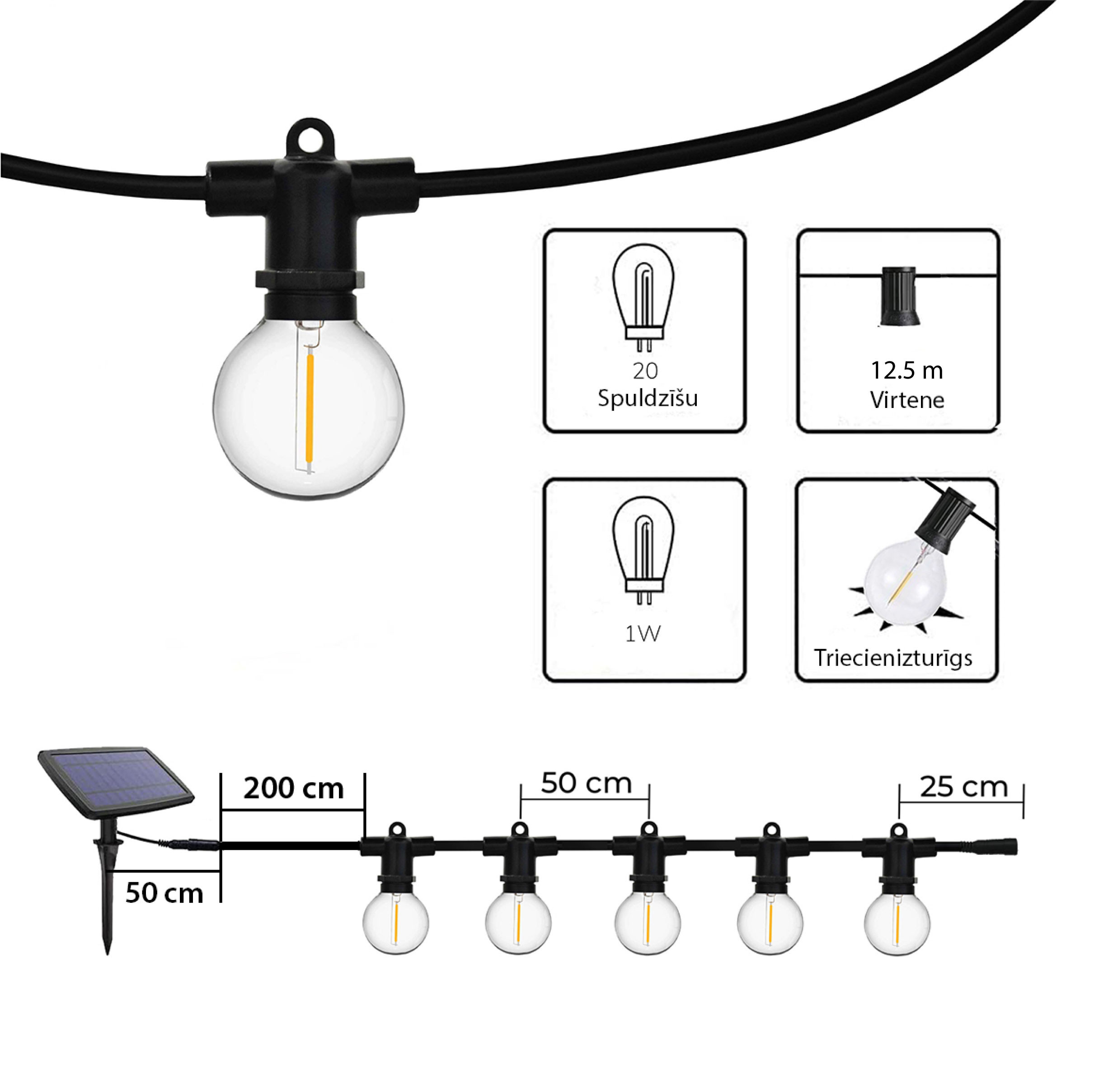 Āra virtene ar saules baterijām (LED) Perl melnā krāsā