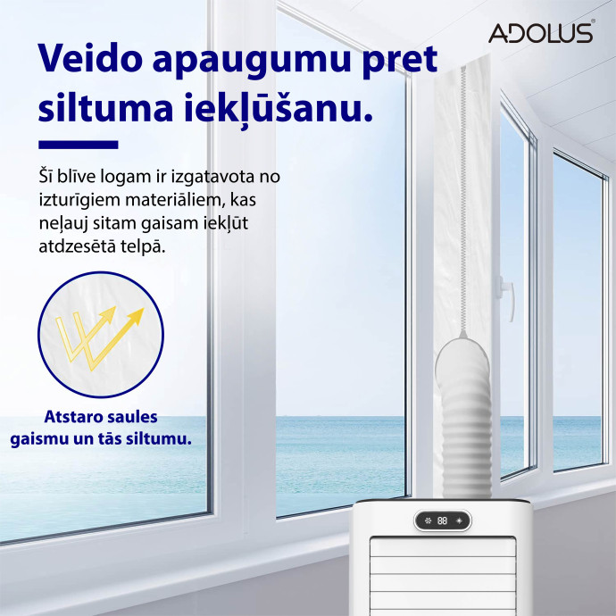 Mobilais gaisa kondicionieris ADOLUS ARTIC A2600H ar apsildi un logu blīvējumu
