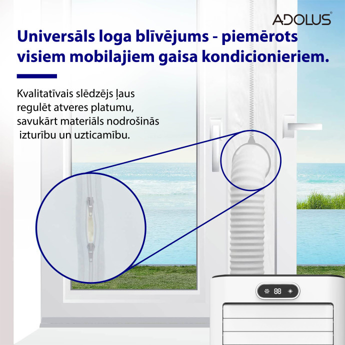 Mobilais gaisa kondicionieris ADOLUS ARTIC A2600H ar apsildi un logu blīvējumu