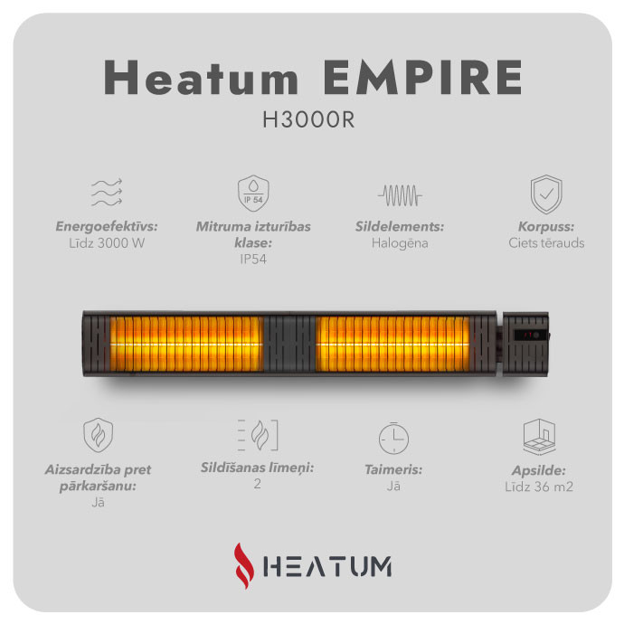 Pastāvīgi novietojamais infrasarkano staru sildītājs Heatum H3000R EMPIRE ar trijkāju statīvu