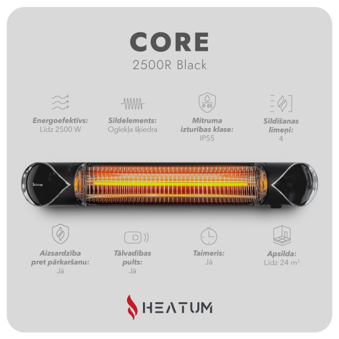 Pastāvīgi novietojamais infrasarkano staru sildītājs Heatum H2500R CORE BLACK ar trijkāju statīvu