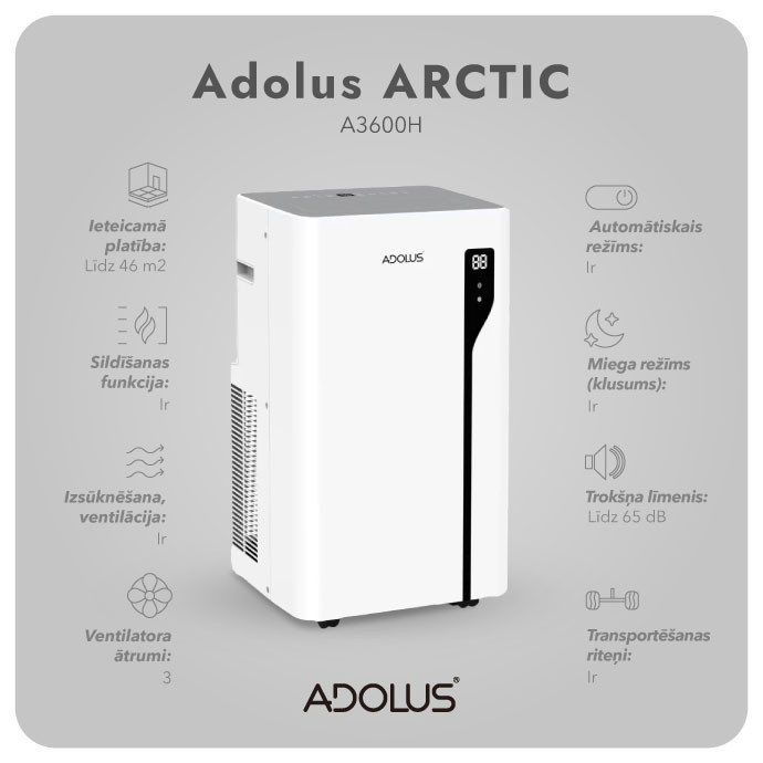 ADOLUS ARCTIC A3600H mobilais gaisa kondicionieris ar apsildi un logu blīvējumu