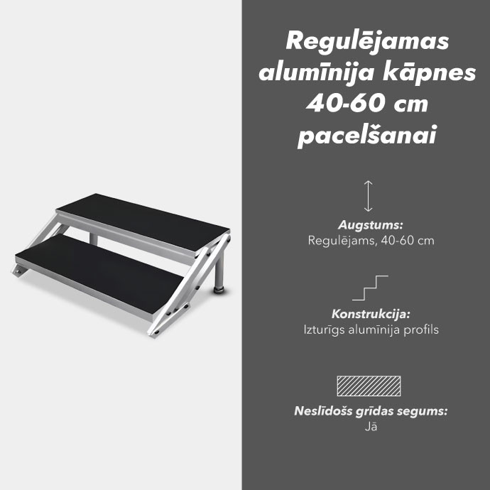Regulējamas alumīnija kāpnes 40-60 cm pacelšanai (2 pakāpieni)