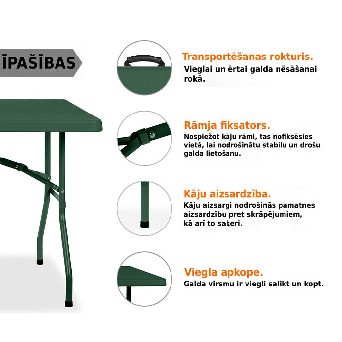 Saliekams galds 150 cm. Zaļš