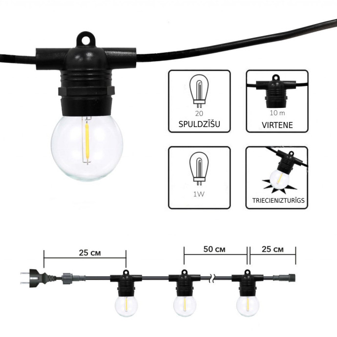 Āra virtene (LED lampiņas) 10 m Glow melna krāsa