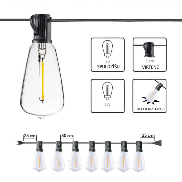 Āra virtene (LED lampiņas) 10 m Retro