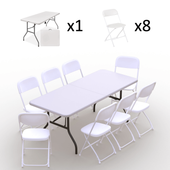 Saliekamo mēbeļu komplekts: Galds 180 balts, 8 krēsli Eiropa balti