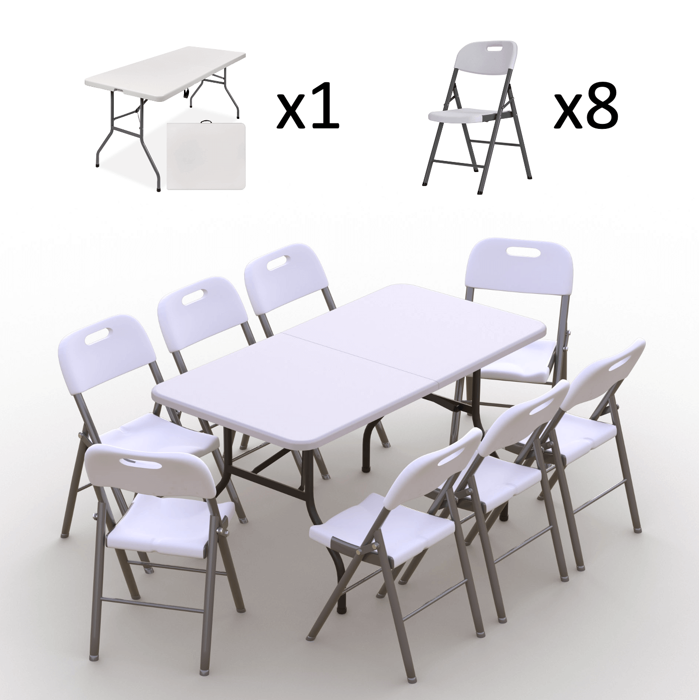 Saliekamo mēbeļu komplekts: Galds 150 balts, 8 krēsli Premium balti