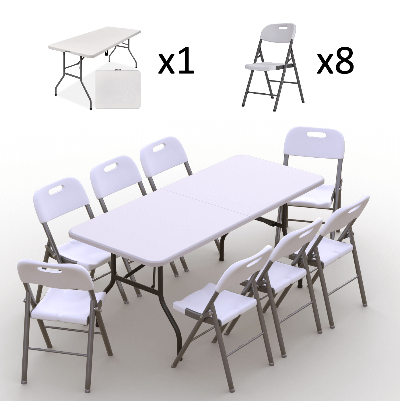 Saliekamo mēbeļu komplekts: Galds 180 balts, 8 krēsli Premium balti