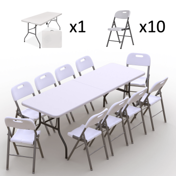 Saliekamo mēbeļu komplekts: Galds 240 balts, 10 krēsli Premium balti