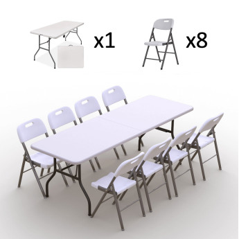 Saliekamo mēbeļu komplekts: Galds 240 balts, 8 krēsli Premium balti