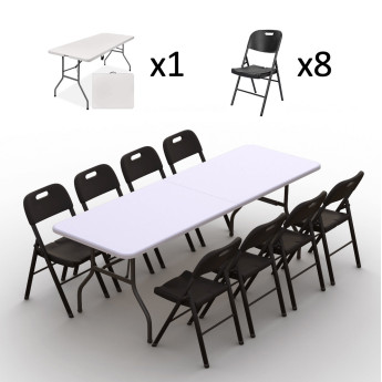 Saliekamo mēbeļu komplekts: Galds 240 balts, 8 krēsli Premium melni