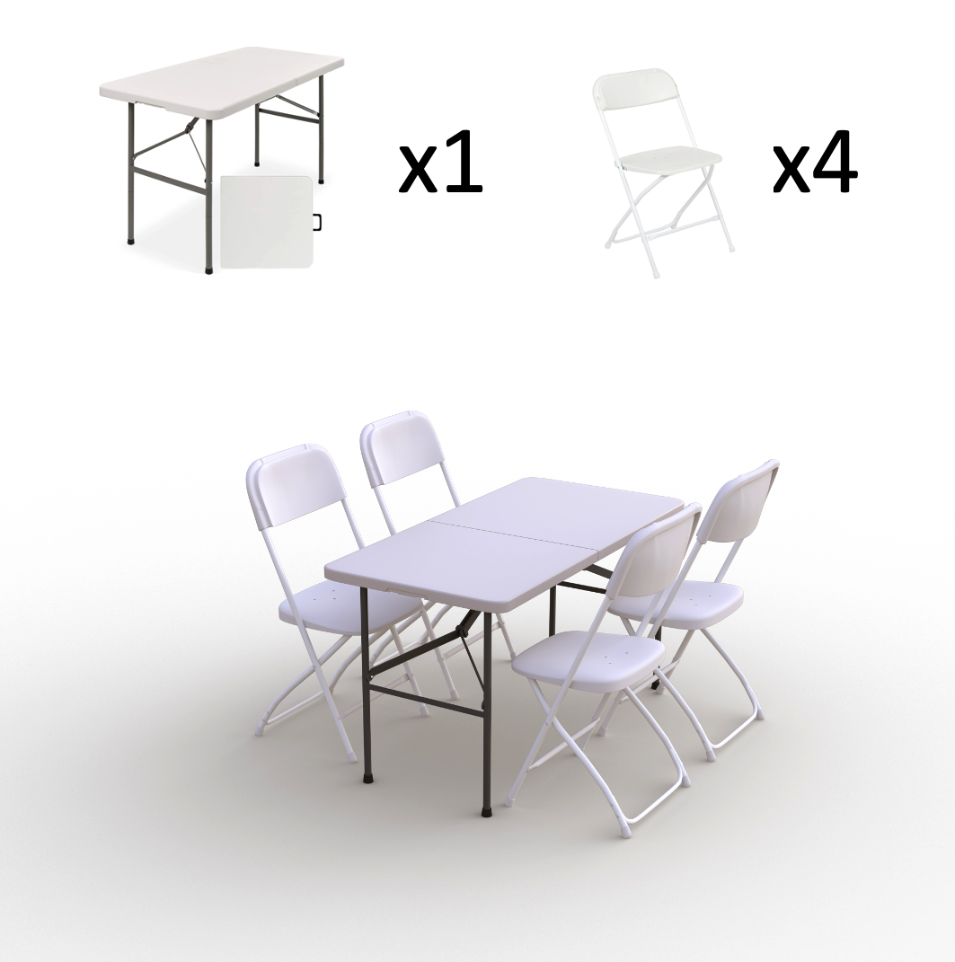 Saliekamo mēbeļu komplekts: Galds 120 balts, 4 krēsli Eiropa balti