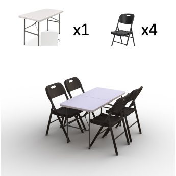 Saliekamo mēbeļu komplekts: Galds 120 balts, 4 krēsli Premium melni