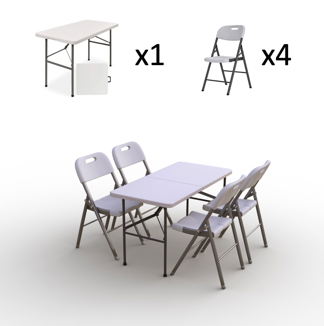 Saliekamo mēbeļu komplekts: Galds 120 balts, 4 krēsli Premium balti